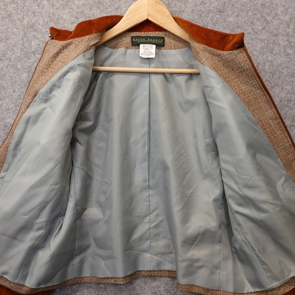 Vintage Tweed Jacket Womens L 12 Brown Plaid HARVE BENARD Velvet Mandarin Collar - Picture 2 of 16